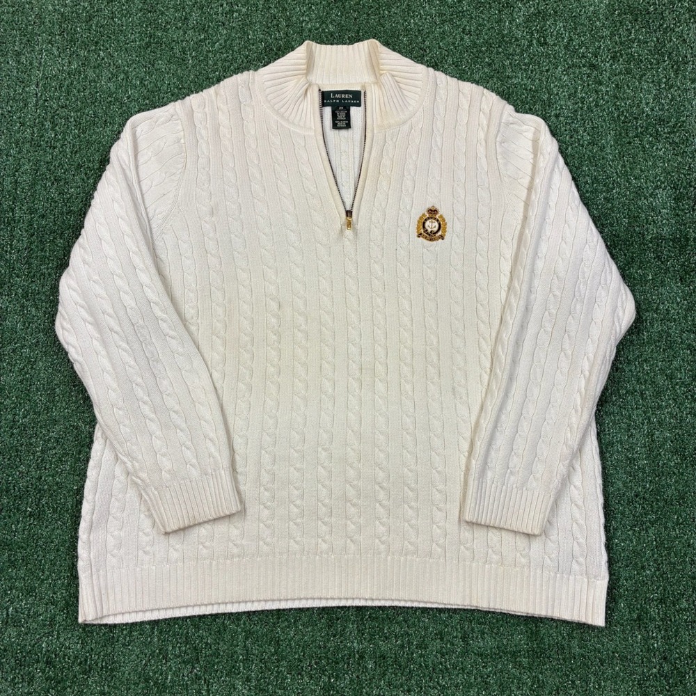 Y2K Embroidered Lauren Ralph Lauren Cable Knit Quarter Zip Sweater